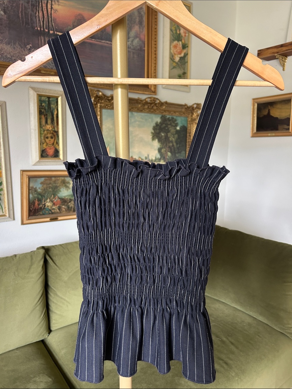 ZARA Smocked Black Pinstripe Tank with Ruffle Hem